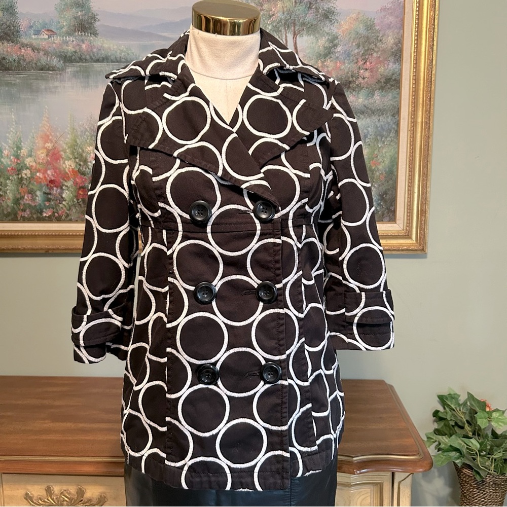 INC Black & White Embroidered Circle Double Breasted Trench Pea Coat Jacket